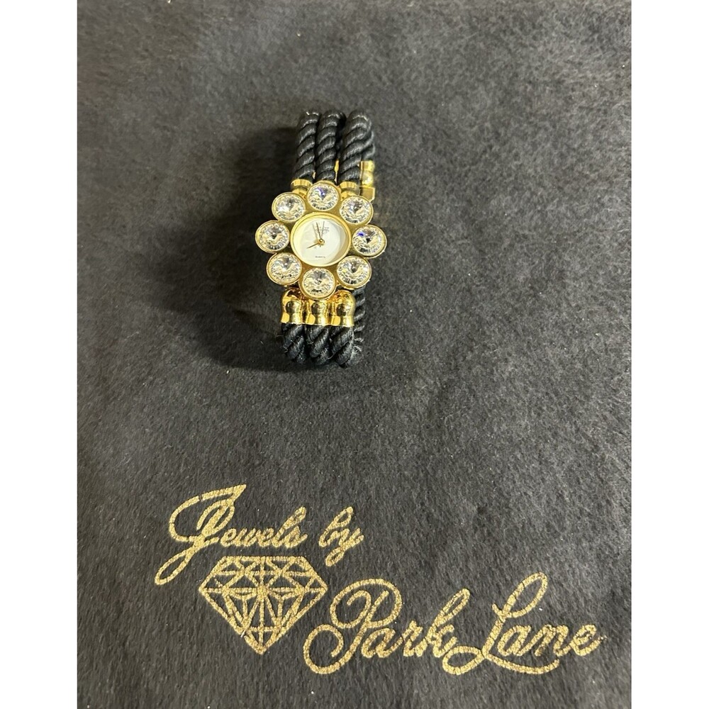 Vintage Park Lane Gold Tone Watch Black Cord Band Crystal Accents Tested J279